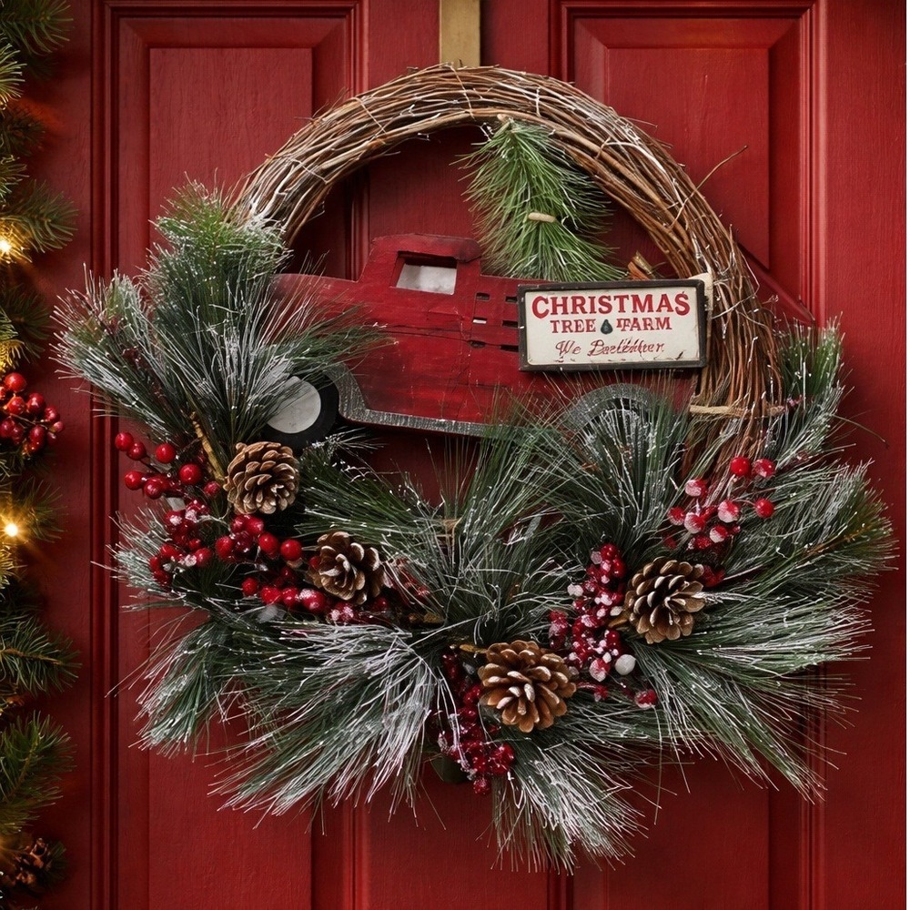 Rustic Red Truck Christmas Wreath Pinecones Berries Farmhouse Holiday Decor